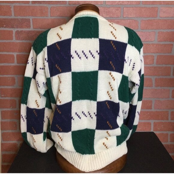 Vintage St Johns Bay Checkerboard Knit Grandpa Sweater Cable Knit Mens L - Picture 6 of 14